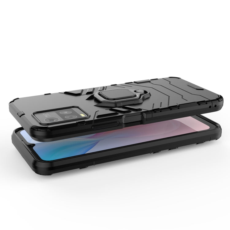 Black shockproof phone case with magnetic ring holder, rugged raised edges