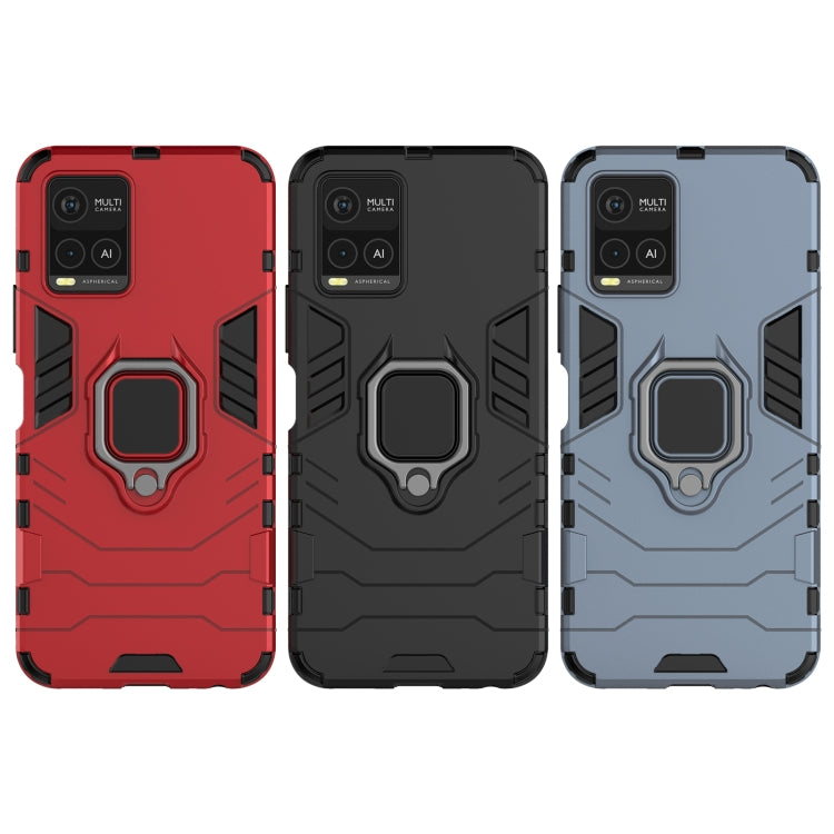Shockproof phone cases in red, black, and navy blue with magnetic ring holders