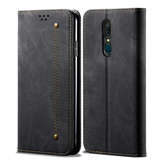 Denim-textured leather flip phone case with card slots and holder, dark gray-blue