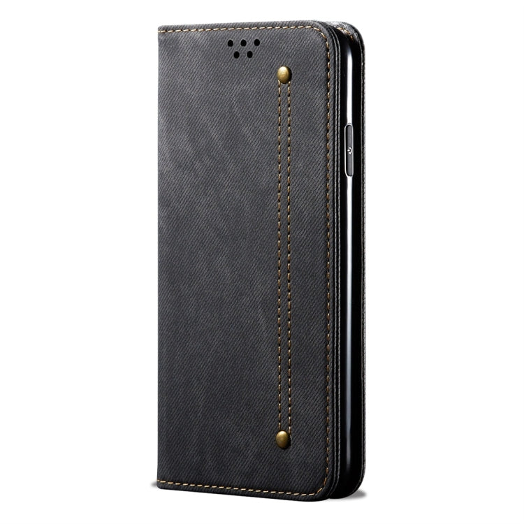 Denim-textured leather flip phone case with card slots, dark gray-blue, gold stitching