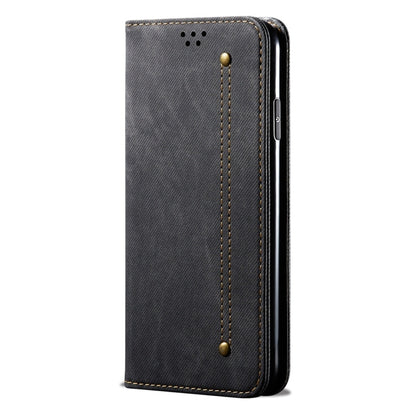 Denim-textured leather flip phone case with card slots, dark gray-blue, gold stitching