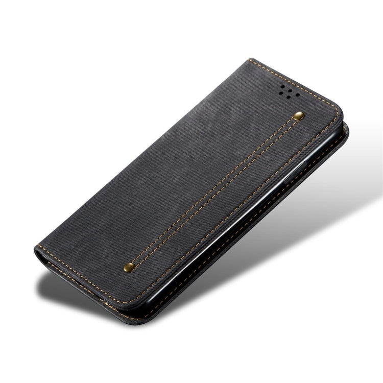 Denim-textured leather flip phone case, dark gray-blue with long magnetic strap