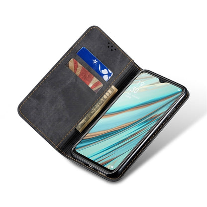 Denim-textured leather flip phone case with card pocket and holder, dark gray-blue