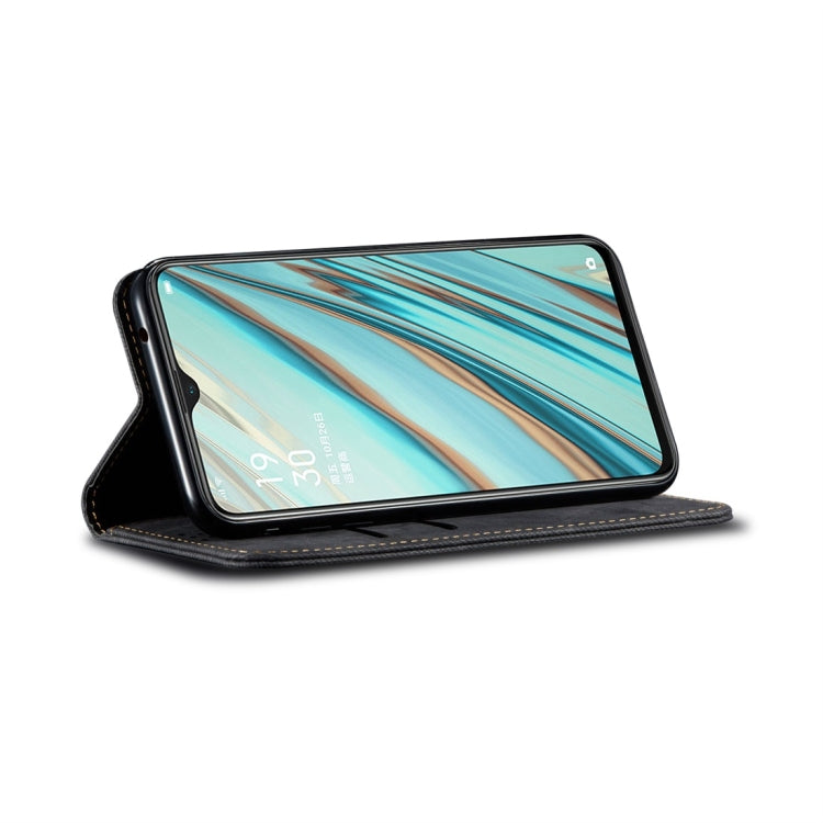 Denim-textured leather flip phone case with flip stand, dark gray-blue