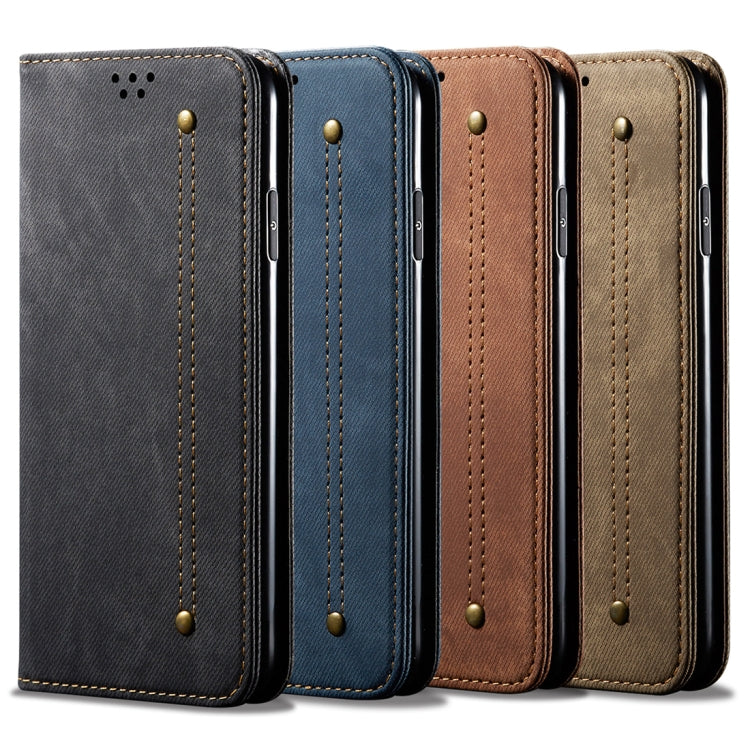 Denim-textured leather flip phone cases in assorted colors, card slot holder