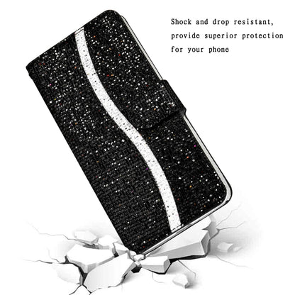 Black glitter powder flip leather phone case with white stripe and magnetic-style closure
