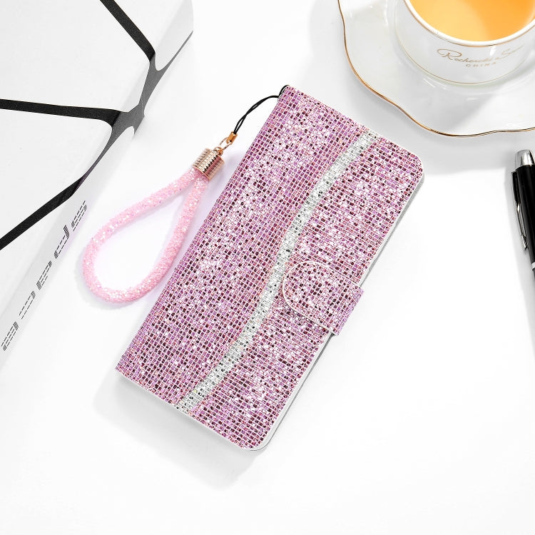 Glitter pink wallet-style phone flip case with card slots and attached lanyard