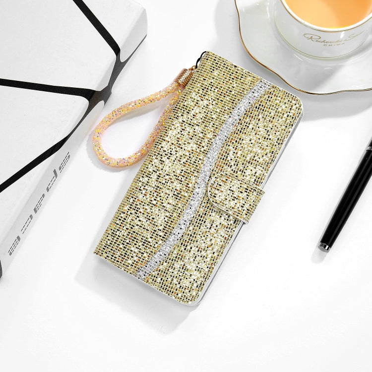 Glitter horizontal flip leather phone case with card slots and lanyard, gold glitter