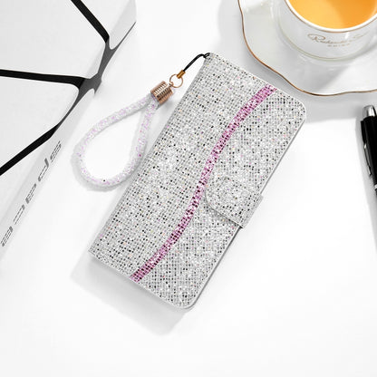 Glitter horizontal flip leather phone case, card slots and lanyard, silver with magenta stripe