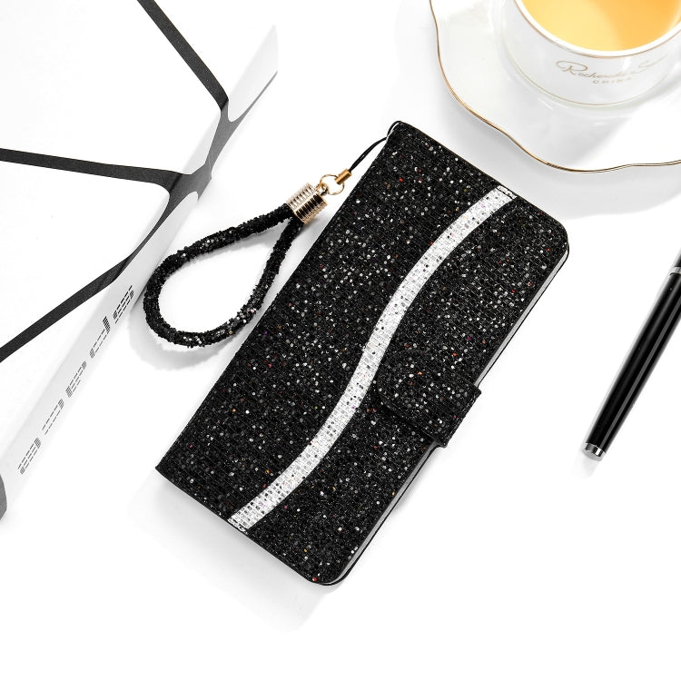 Glitter black phone flip leather case with card slots and lanyard strap