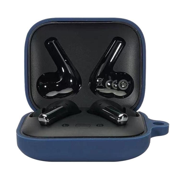 Dark blue silicone earphone protective case with hinge lid and two charging earbuds