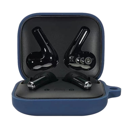 Dark blue silicone earphone protective case with hinge lid and two charging earbuds