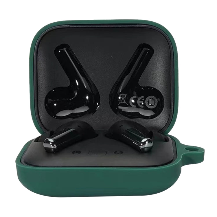 Dark green silicone earphone protective case with hinge lid and two charging earbuds