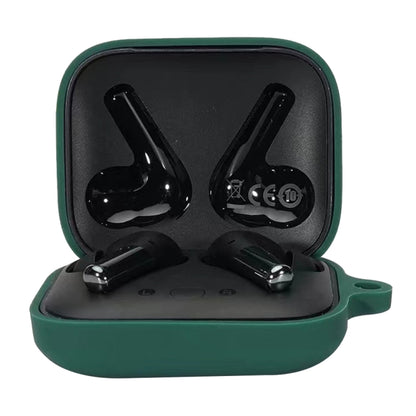 Dark green silicone earphone protective case with hinge lid and two charging earbuds