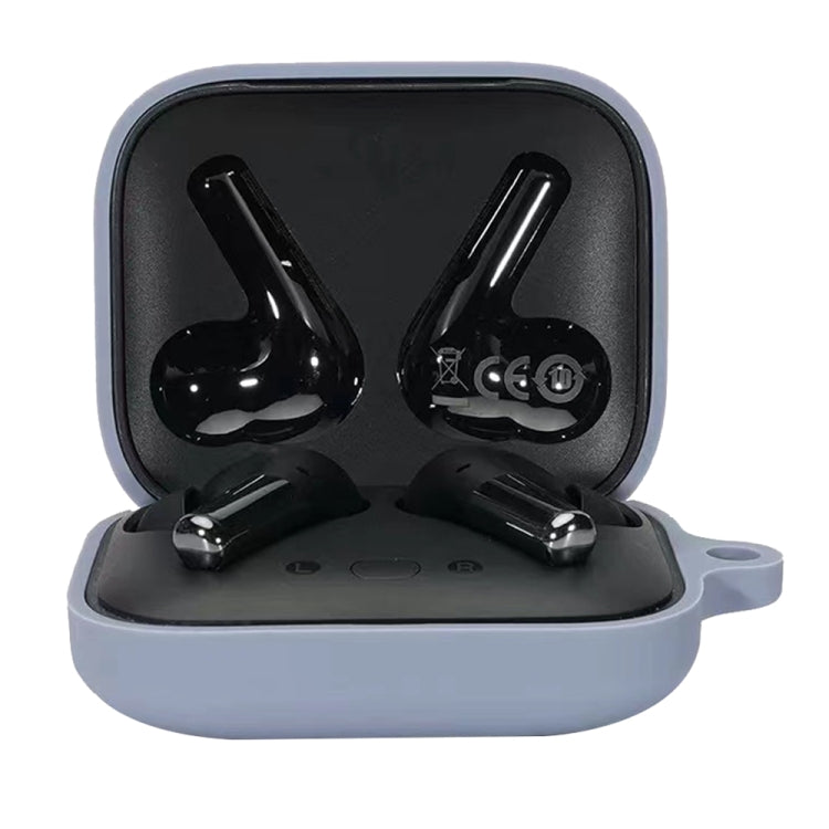 Light blue silicone earphone protective case with hinge lid and two charging earbuds