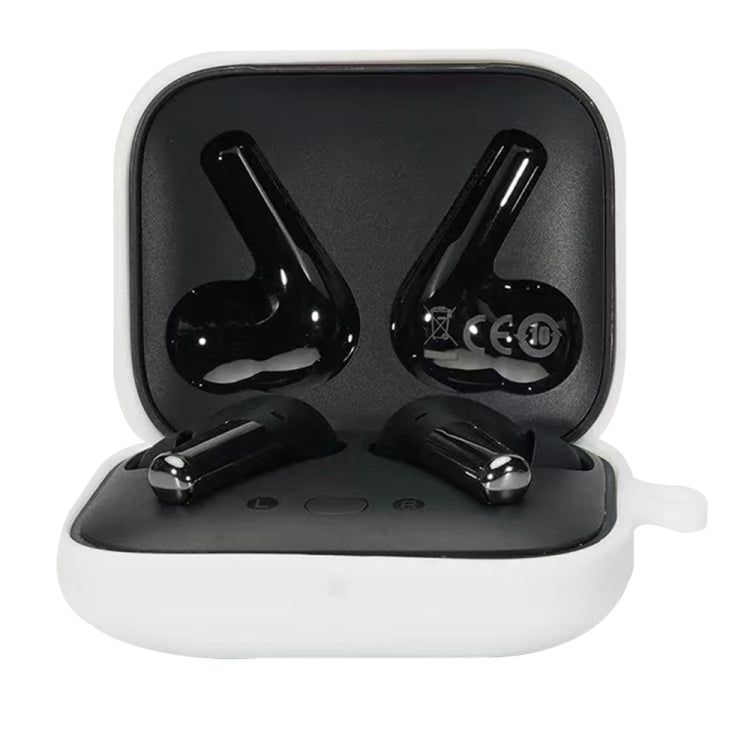 White silicone earphone protective case with hinge lid and two charging earbuds