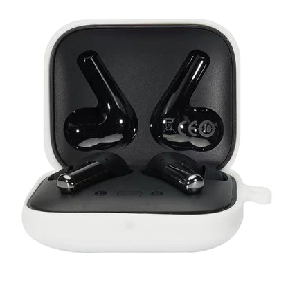 White silicone earphone protective case with hinge lid and two charging earbuds
