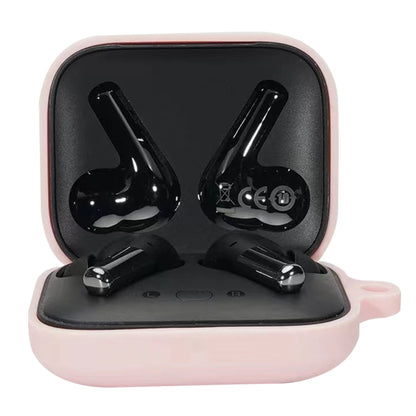 Pink silicone earphone protective case with hinge lid and two charging earbuds