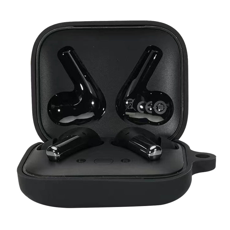 Black silicone earphone protective case with hinge lid and two charging earbuds