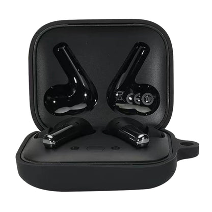 Black silicone earphone protective case with hinge lid and two charging earbuds