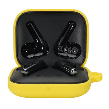 Yellow silicone earphone protective case with hinge lid and two charging earbuds