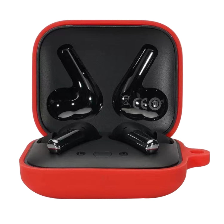 Red silicone earphone protective case with hinge lid and two charging earbuds