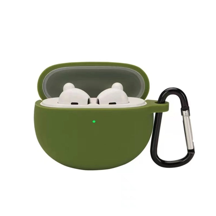 Grass green silicone earbud case with hook, holding two white earbuds in a lid-open shell