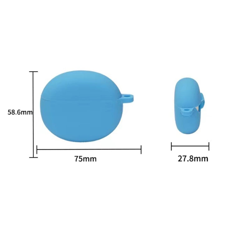 Sky blue silicone earbud case with hook shown with 75mm and 58.6mm size measurements