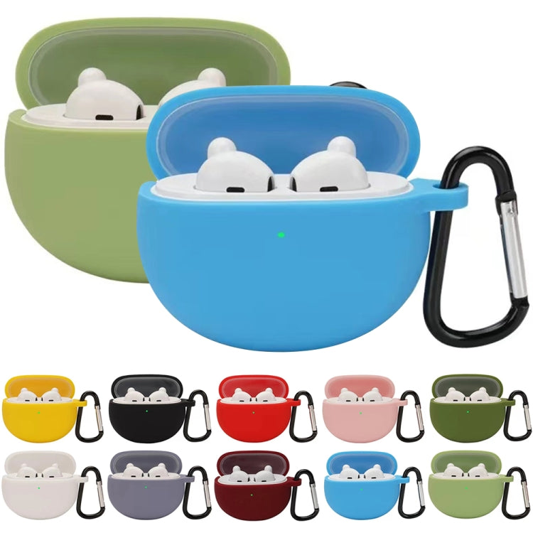 Silicone wireless earphone protective case with hook, blue and green styles shown