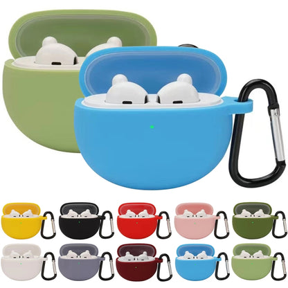 Silicone wireless earphone protective case with hook, blue and green styles shown