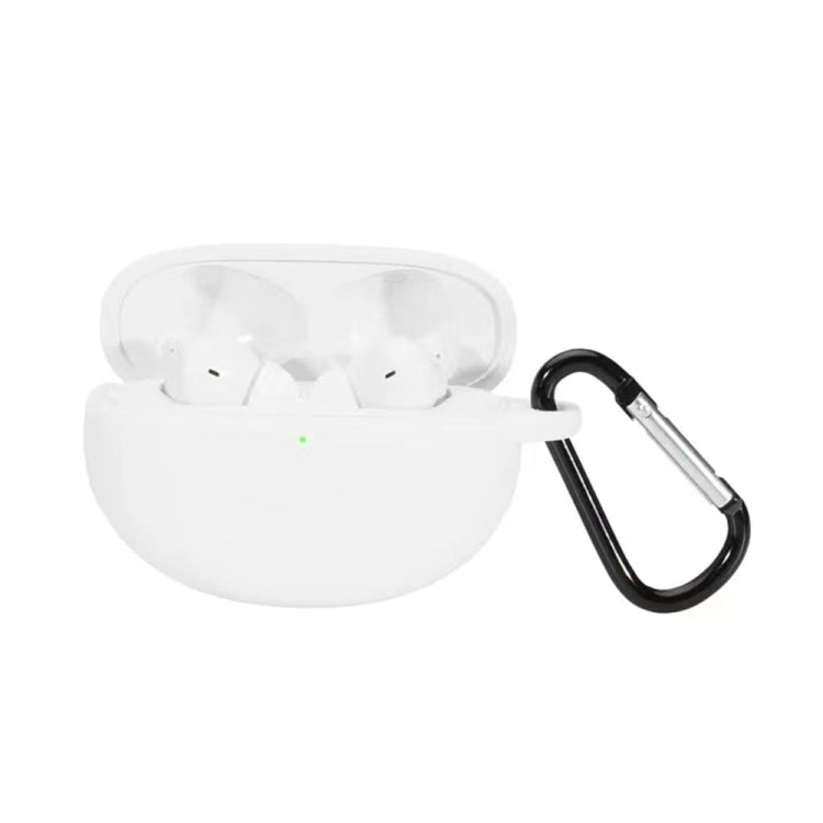 White silicone wireless earbud protective case with hook, open to show earbuds inside
