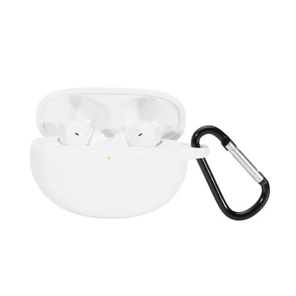 White silicone wireless earbud protective case with hook, open to show earbuds inside