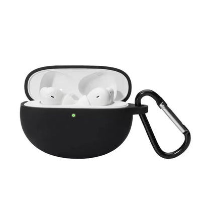 Black silicone wireless earbud protective case with hook, open to show earbuds inside