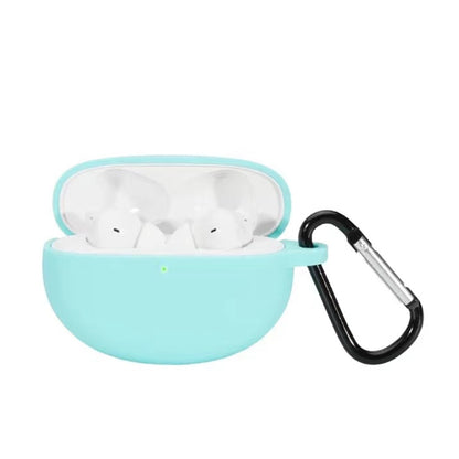 Lake blue silicone wireless earbud protective case with hook, open to show earbuds inside