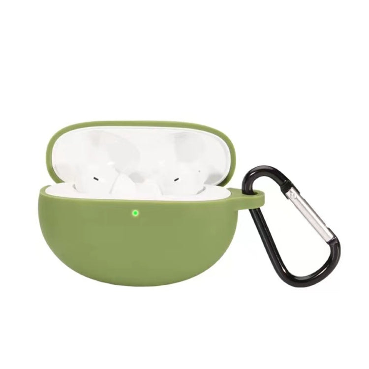 Grass green silicone wireless earbud protective case with hook, open to show earbuds inside
