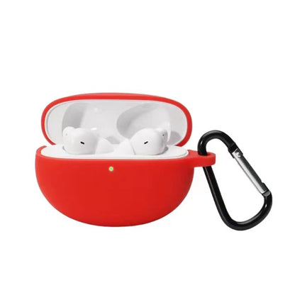 Red silicone wireless earbud protective case with hook, open to show earbuds inside