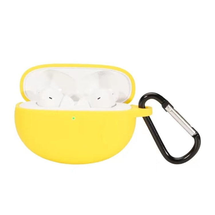 Yellow silicone wireless earbud protective case with hook, open to show earbuds inside