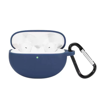 Blue silicone wireless earbud protective case with hook, open to show earbuds inside