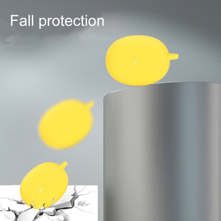 Yellow silicone earbud case with hook for fall protection, shown upright