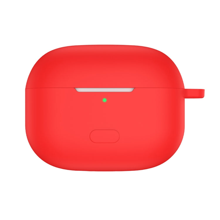 Red silicone protective earbud case with front LED window and side strap