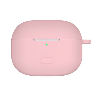 Pink silicone protective earbud case with front LED window and side strap