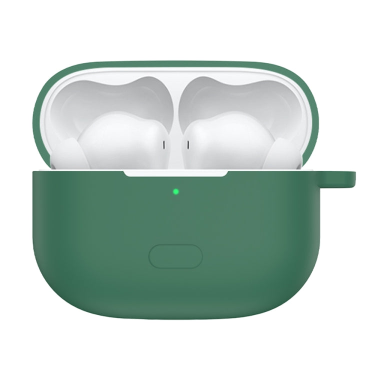 Dark night green silicone earbud case open, showing earbuds and front LED window
