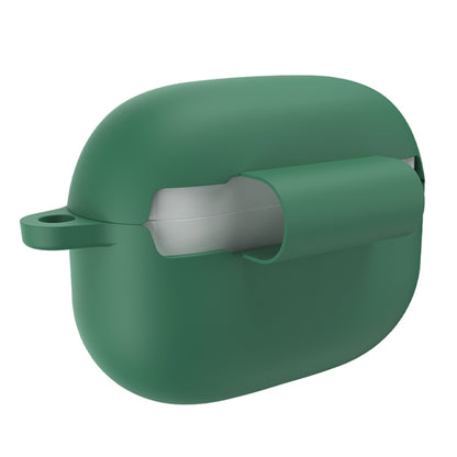 Dark night green silicone earbud case side view with raised strap and hinge opening