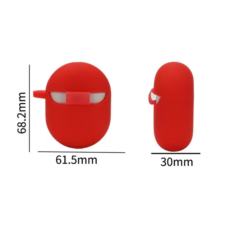 Red silicone wireless earbud case with size dimensions shown: front and side views.