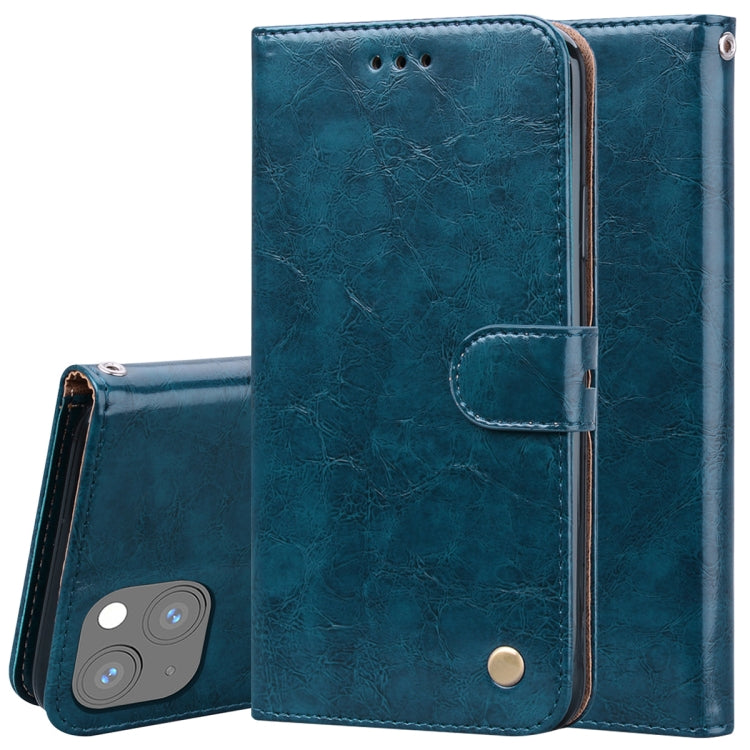 Blue leather flip phone case with card slots and magnetic snap closure