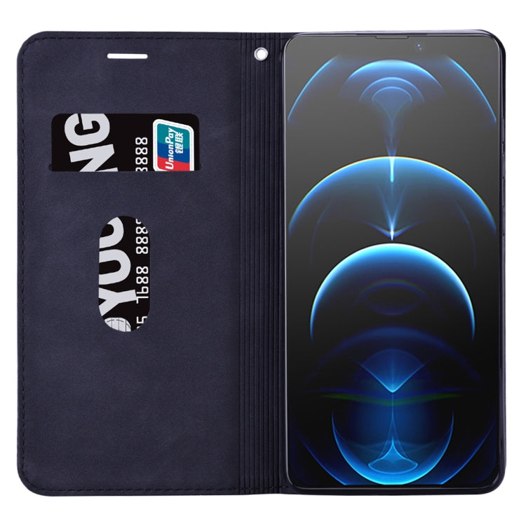Dark blue PU leather flip case with visible card slots and magnetic front cover