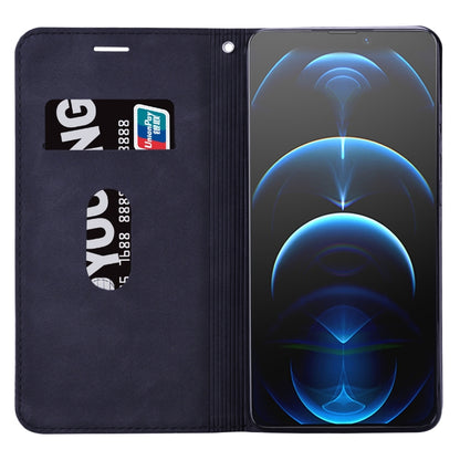 Dark blue PU leather flip case with visible card slots and magnetic front cover