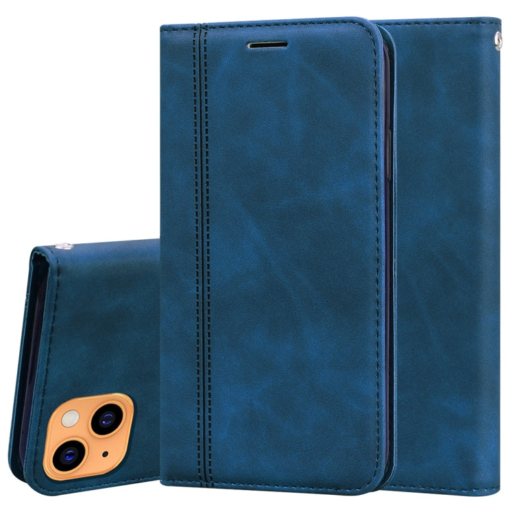Blue PU leather magnetic flip phone case with card slot, top cutout and side opening
