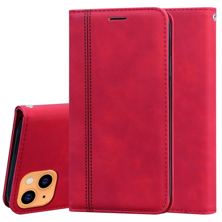 Red PU leather magnetic flip phone case with card slot and top cutout opening