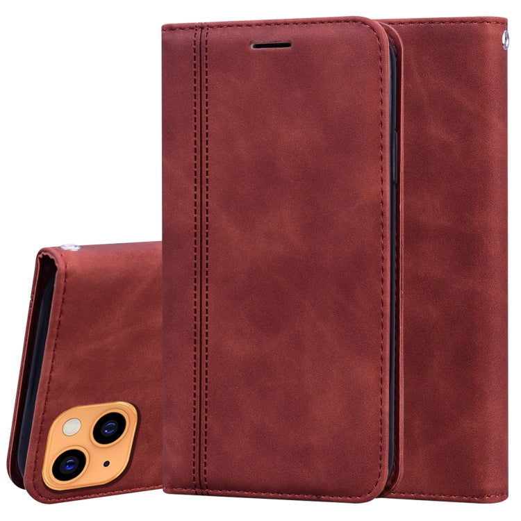 Brown PU leather horizontal flip phone case with front cover and camera cutout